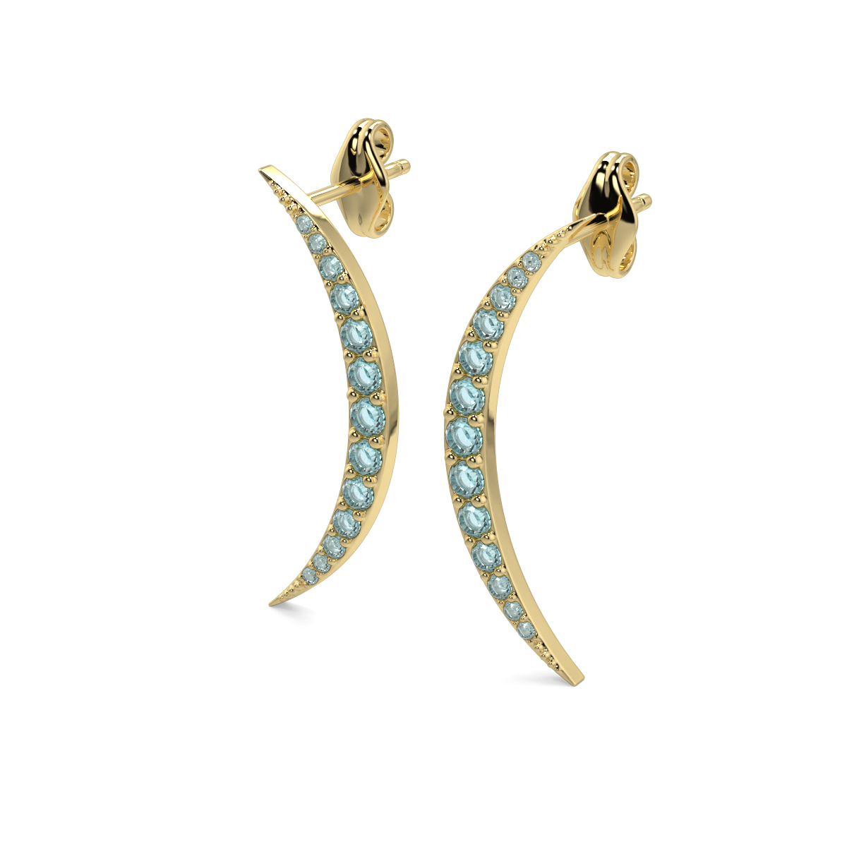 Lunar Studs, Gold Earring, Aquamarine Earrings